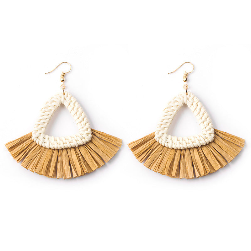 Wholesale Hand-woven Geometric Rattan Raffia Fan Earrings